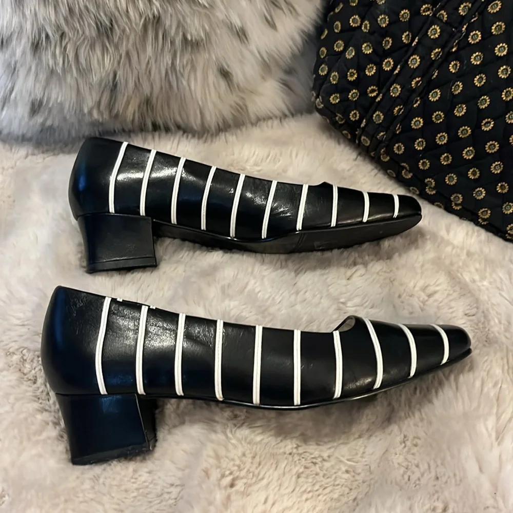 David Tate Womens Black and White Striped Leather Slip On Pumps Heels Sz 6.5W